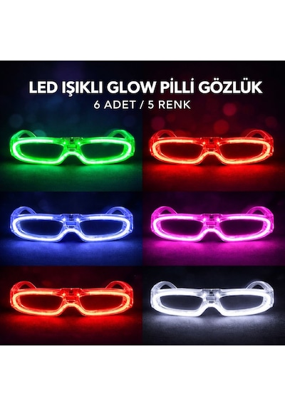 Cosmotex Led Işıklı Glow Pilli Parti Gözlüğü - Glow Efektli 6 Adet 5 Renk 29789488