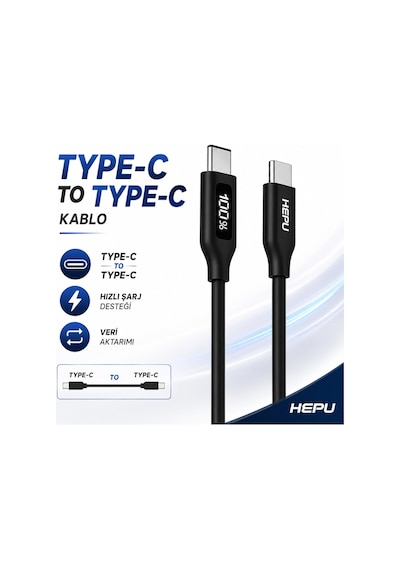 Hepu Hp-120 Type-c To Type-c Kablo 100w Süper Hızlı Şarj + Led Göstergeli 1.2 Metre 0.1 M