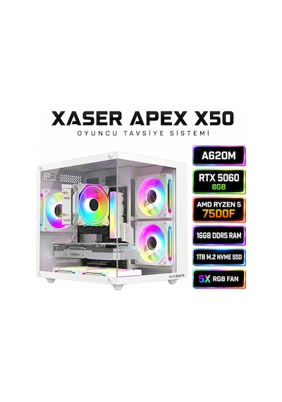 Xaser Apex-X50 Beyaz R5-7500F 16 GB 1 TB M.2 SSD RTX5060 Free Dos Oem Paket Masaüstü Oyuncu Bilgisayarı