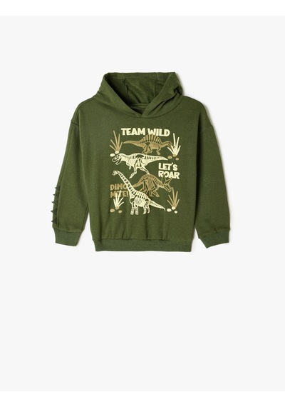 Koton Kapşonlu Sweatshirt Dinozor Aplike Detaylı Ve Baskılı Uzun Kollu Şardonlu Haki 5wmb10198tk Haki