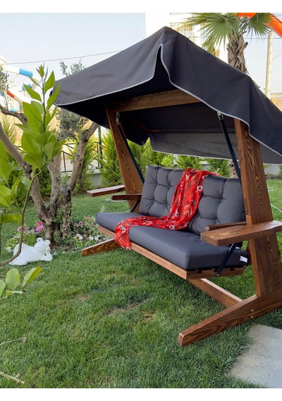 Aida Swings Viva 2200 3 Kişilik Ahşap Bahçe Salıncağı, Balkon Teras Dış Mekan Salıncağı Antrasit