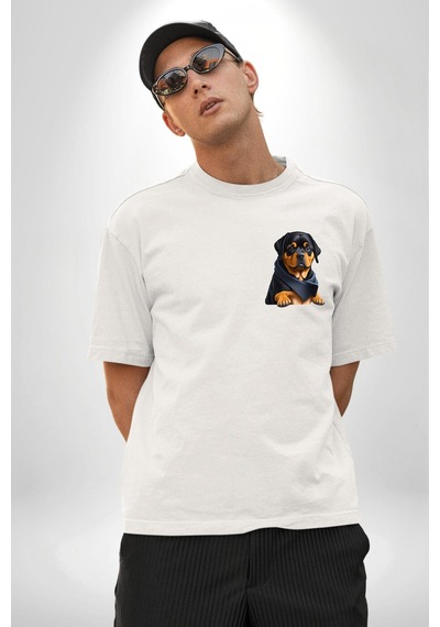 Mafya Rottweiler Beyaz Oversize Unisex Ön Ve Sırt Baskılı Tişört Beyaz