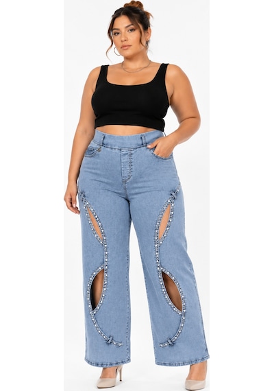 Zanessi Büyük Beden Denim Taşlı Yüksek Bel Pencere Detaylı Bol Paça Kadın Pantolon Mavi