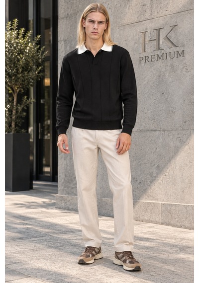 Hk Premium Erkek Polo Yaka Kontrast Çizgili Fitilli Triko Kazak Uzun Kollu, Dokulu Örme Kazak Siyah Hk Premium Erkek Polo Yaka Kontrast Çizgili Fitilli Triko Kazak Uzun Kollu, Dokulu Örme Kazak Siyah
