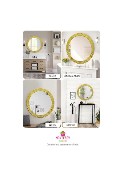 Safir Gold Dekoratif Ayna Yuvarlak Işlemeli Duvar Aynası 69 Cm Altın