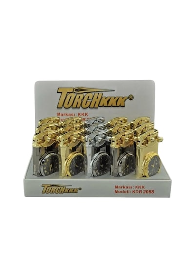 Gold Saat Desenli Çift Torch Pürmüz Metal Puro Çakmağı - Tr8010