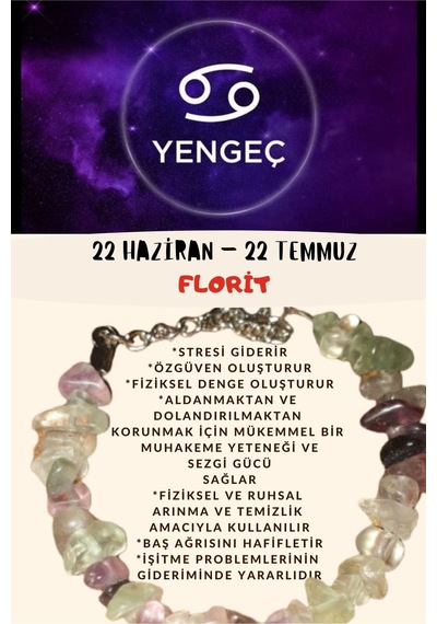 Gümüştel El Sanatları Sertifikalı Burç Taşı Yengeç Burcu Florit Taşı Bileklik Çok Renkli