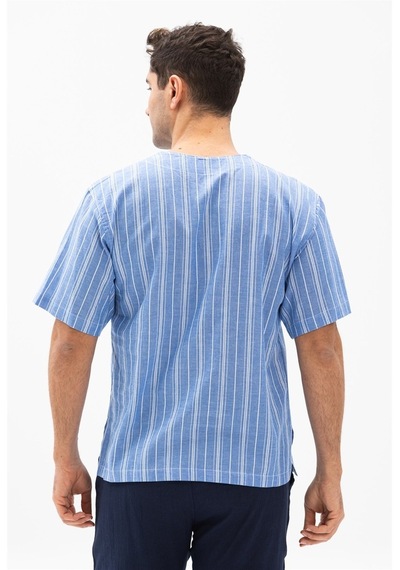 Büyük Beden Kısa Kol Şile Bezi Zımbalı Erkek Tshirt Mavi Beyaz Çi