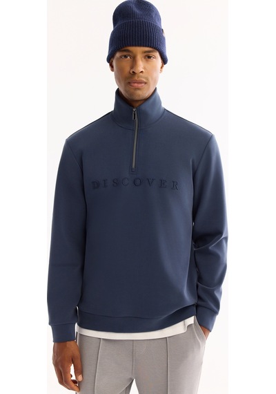 Avva Erkek Açık Lacivert Dik Yaka Fermuarlı Soft Touch Baskılı Regular Fit Sweatshirt A52y1281