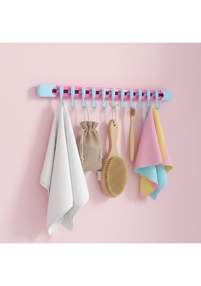 Yapışkanlı Portatif, Mobilya, Duvar, Dolap, Banyo Organizer Askılık, 10 Kancalı, 30 Cm, Pembe