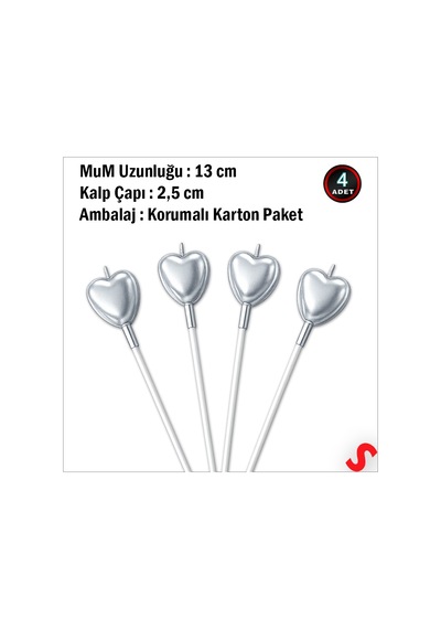 Mum-çubuklu Kalp-4 Adet- Gümüş