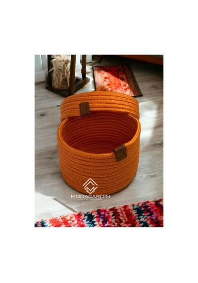 Hasır Jüt Sepet Oval Kapaklı Organizer Düzenleyici 30x20x10 Cm Turuncu Turuncu