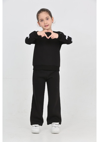 Erdem Kıds Kız Çocuk 3 İplik Şardonlu Kurdele Detaylı Basic Sweatshirt-bol Kesim Palazzo Eşofman Takım Siyah Siyah
