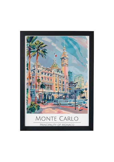 Monte Carlo Monaco Travel Poster Ahşap Çerçeveli Dekoratif Duvar Tablosu Siyah