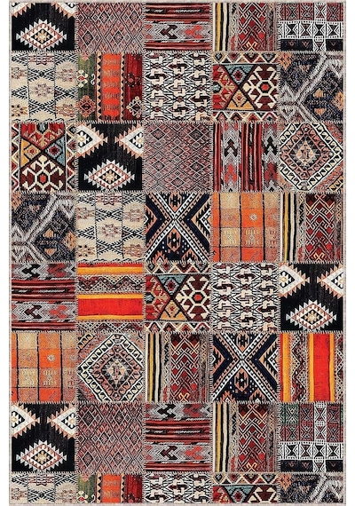 Viva Home Kaymaz Tabanlı Makinede Yıkanabilir Patchwork Rulo Yolluk Halı, Turuncu, 80 X 300 Çok Renkli