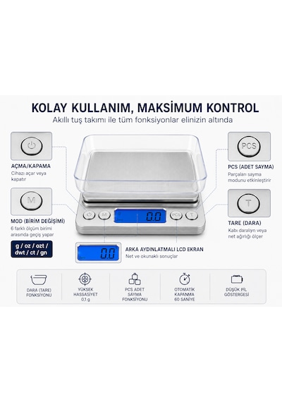 Dijital Hassas Mutfak Tartısı 3000 G Kapasiteli 0,1 G Hassasiyetli Lcd Ekranlı 6 Ölçüm Birimli Açık Gri
