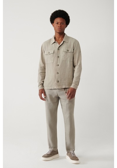 Avva Erkek Gri Klasik Yaka %100 Keten Comfort Fit Gömlek Ceket A41y2087 Gri