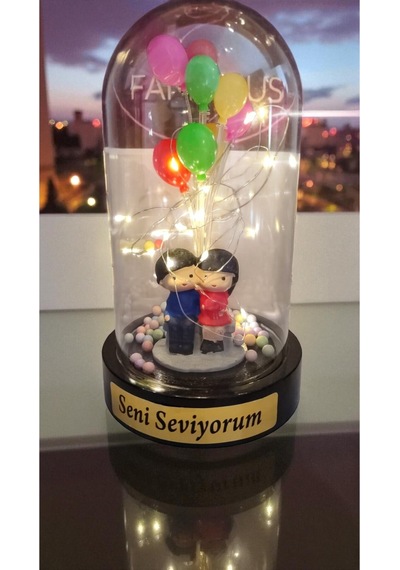 Seni Seviyorum Balonlu Biblolu Fanus Led Işıklı Boyut 20 Cm
