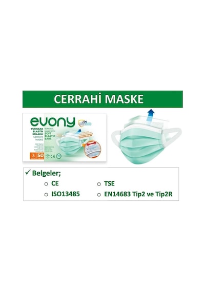 Evony Yumuşak Elastik Kulaklı Cerrahi Maske 50 Adet Yeşil