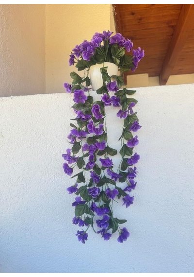 Yapay Çiçek Sarkan Mor Menekşe Krem Rengi Saksıda 4 Sarkan Dallı 70cm