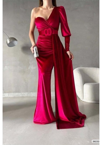 Lior Design Kadın İnce Kadife Kumaş Tek Omuz Kemerli Maxi Abiye Elbise Kırmızı