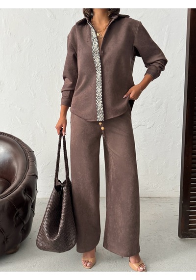 Verymoda Şerit Detaylı Scuba Süet Pantolon F1972 Kahve