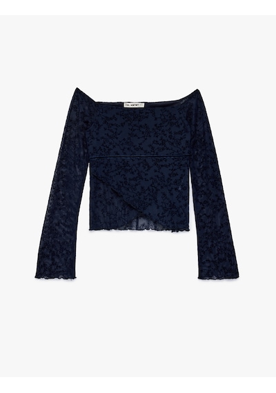 Koton Uzun İspanyol Kollu Slim Fit Omzu Açık Tül Dantelli Tişört Lacivert 6wal10661ık Lacivert