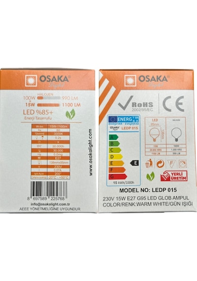 Osaka 15w 100w 3000k Günışığı E27 Duylu G95 Led Glop Ampul