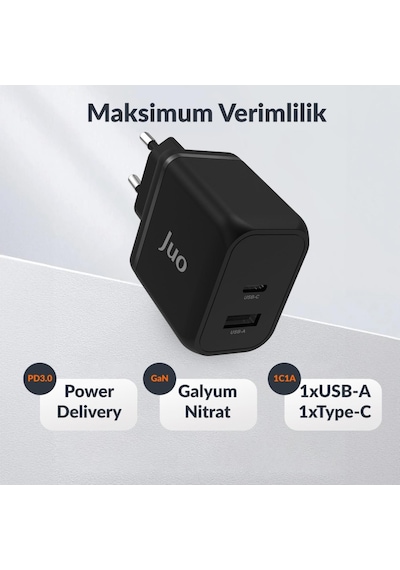 Juo 45W GaN USB-C + USB-A Şarj Aleti iPhone & iPad & Apple Uyumlu MacBook & Samsung PD Type-C Hızlı Şarj Cihazı Siyah