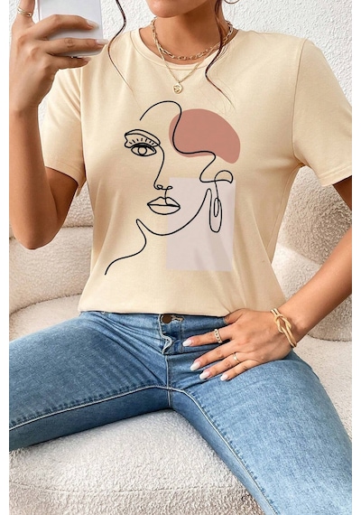 Unisex Make Up Siluet Baskılı Tasarım Tshirt Bej