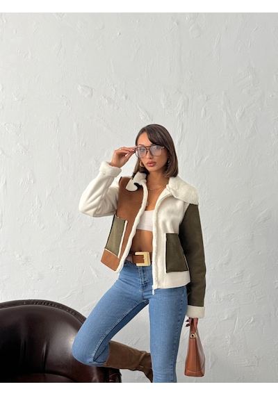 Verymoda Süet Tavşan Tüyü Lamine Mont F1988 Krem Haki Taba