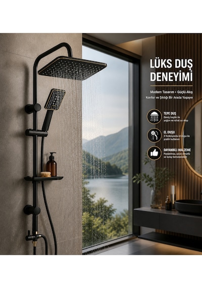 Lüx Premium Siyah Robot Duş Seti Tepe Yağmurlama El Duşu Kare Siyah Robot Set