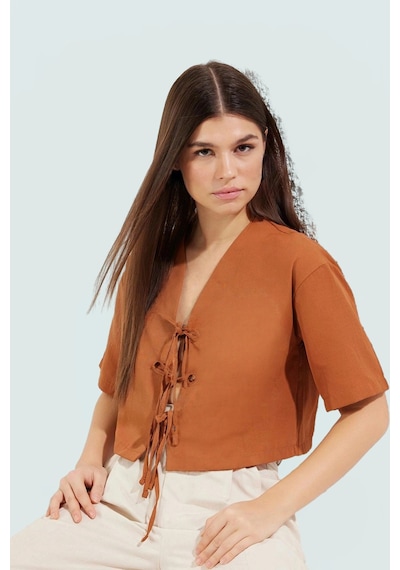 Ersefa Önden Bağcıklı Crop Bluz V Yaka Dokuma Terrycotton Kumaş Rahat Gü Kahverengi