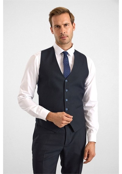 Süvari Lacivert Slim Sivri Yaka 6 Drop Yelekli Takım Elbise Tk1001100188-m09