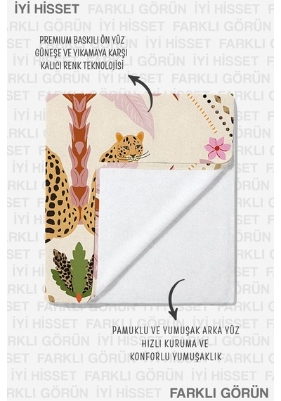 Leopar Tropikal Palmiye Plaj Havlusu - Bohem Pudra Bej Marine Havuz Deniz Banyo Sahil Örtüsü Pastel Deniz