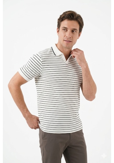Cazador Erkek Ekru Çizgili Polo Yaka Tshirt 44700