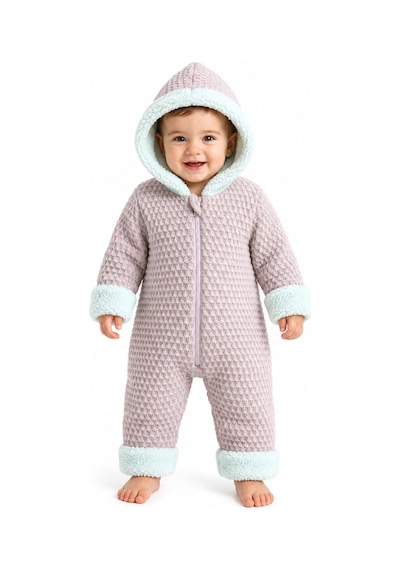 Tatlı Unisex Bebek Örgü Triko Tulum Welsoft Peluş Manşetli Kapüşonlu Fermuarlı Kışlık Bebek Kozmonot Tulumu Lila