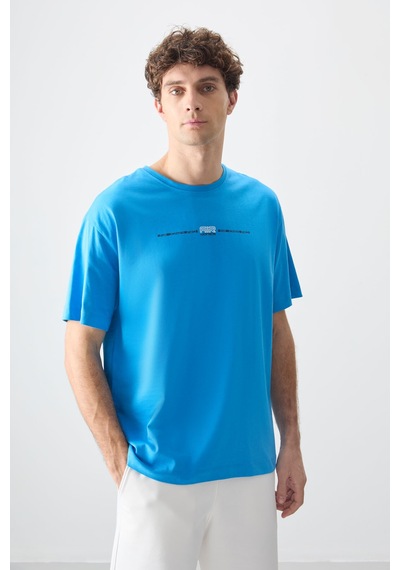 Air Jones Tommy Life Petrol Mavi %100 Pamuk Kalın Yumuşak Dokulu Oversize Fit Baskılı Erkek T-shirt - 88357 Petrol Mavi