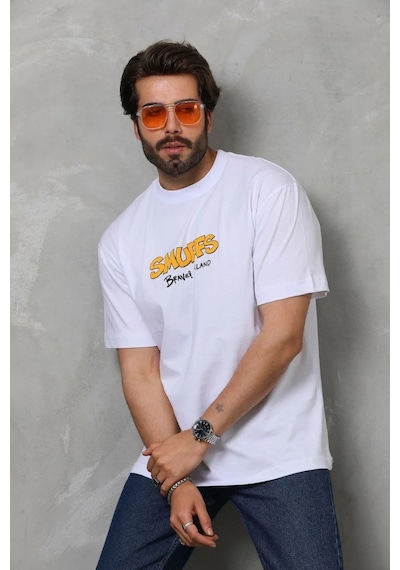 Erkek Kısa Kol Yazlık Tişört Bisiklet Yaka Baskılı Oversize T-shirt - Beyaz Siyah