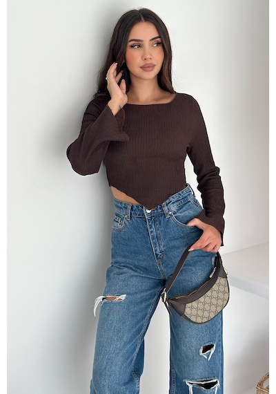 Noa & Noa İspanyol Kol Ribanalı Sivri Etek Uçlu Crop Bluz Modern & Vücuda Oturan Stil Kahverengi Noa & Noa İspanyol Kol Ribanalı Sivri Etek Uçlu Crop Bluz Modern & Vücuda Oturan Stil Kahverengi