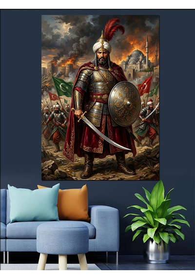 Fatih Sultan Mehmet Ve Sancaklı Ve Zırhlı Savaşçı Dekoratif Kanvas - Mdf Ahşap Tablo Çok Renkli