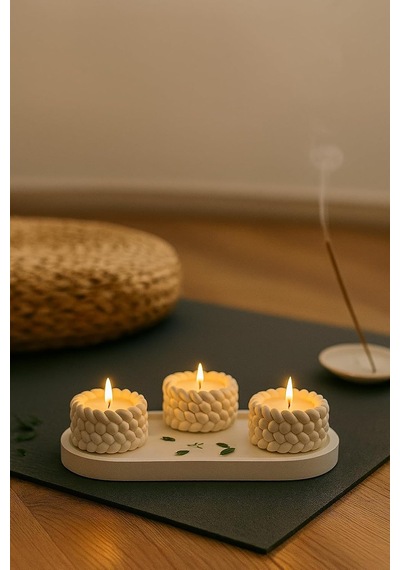 Tr Örgü Desenli 3'lü El Yapımı Mumluk Seti Tealight Uyumlu Modern & Doğal Dekoratif Aksesuar + Tealight Mum He Diğer