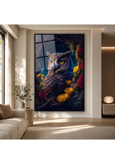 Mozaik Tüylü Fantastik Baykuş Siyah Çerçeveli Cam Tablo