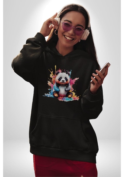 Renkli Yavru Panda Kadın Erkek Siyah Kapüşonlu Sweatshirt Hoodie Siyah
