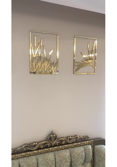 Yaprak Ve Sazlık 3'lü Tablo Mdf Üzeri Gümüş Pleksi Duvar Dekorasyon Her Biri 35x25 Cm 001