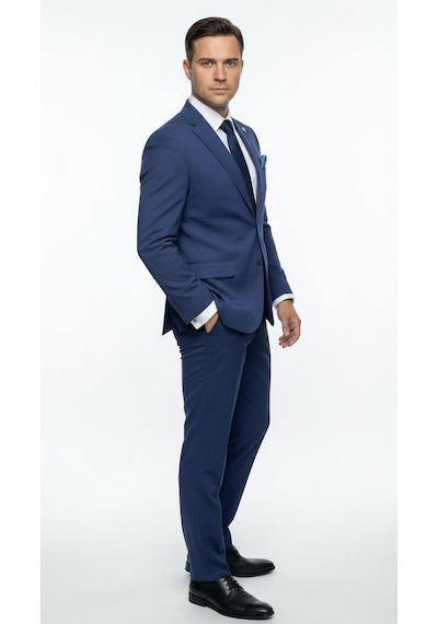 Plus Scorpion Erkek Slim Fit Ceket Likralı Fitilli Kumaş, Çift Düğmeli Tek Yırtmaçlı Modern Tasarım Mavi