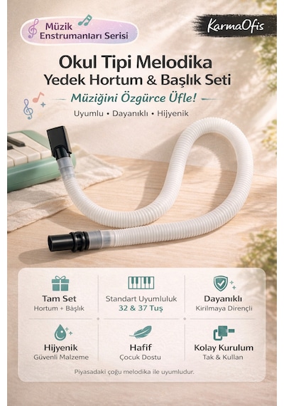 Melodika Yedek Hortum Ve Başlık Seti 32 & 37 Tuş Uyumlu Esnek Spiral Hortum Beyaz