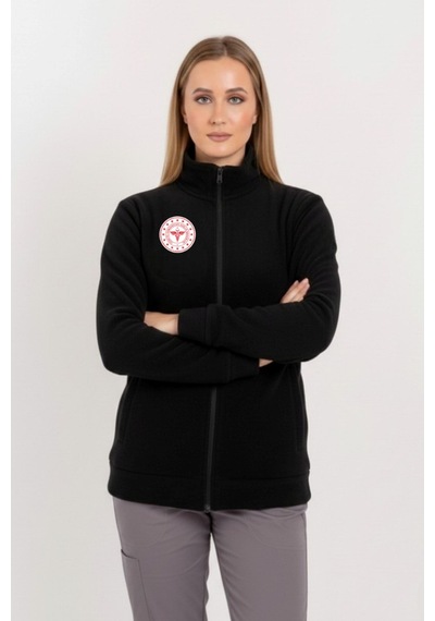 Unisex Siyah Renk Sağlık Bakanlığı Logolu Fermuarlı Polar Siyah