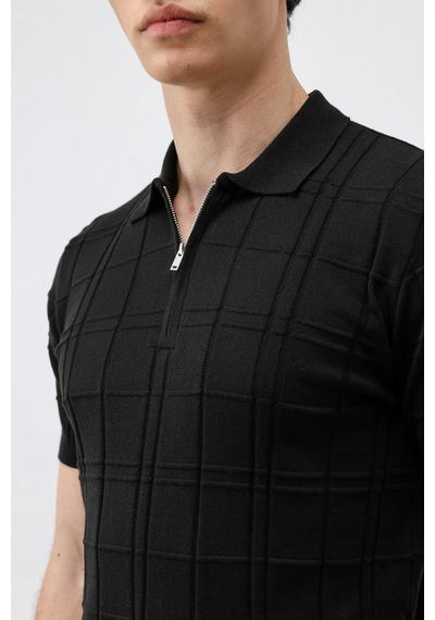 Antioch Kareli Desenli Erkek Triko T-shirt Siyah
