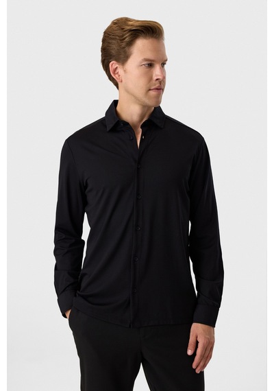 Backandbond Regular Fit Küba Yaka Siyah Örme Gömlek
